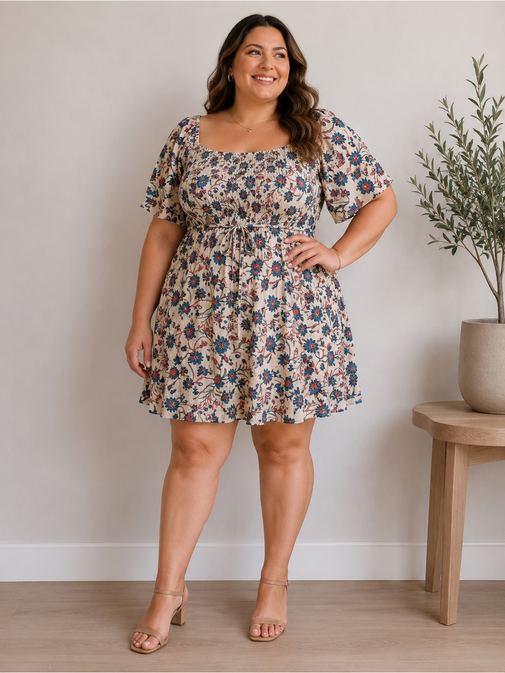 Women's 3X Blue Cream Red Floral Print Tie Waist Short Sleeve Boho Dress